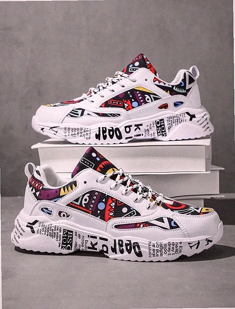 Men's White Multicolor Geometric Geometric Pattern Lace Up Lightweight Sneakers
